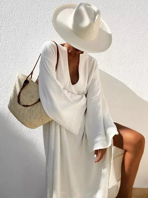 Maya Flared Sleeves Solid Color Deep V-Neck Midi Dresses