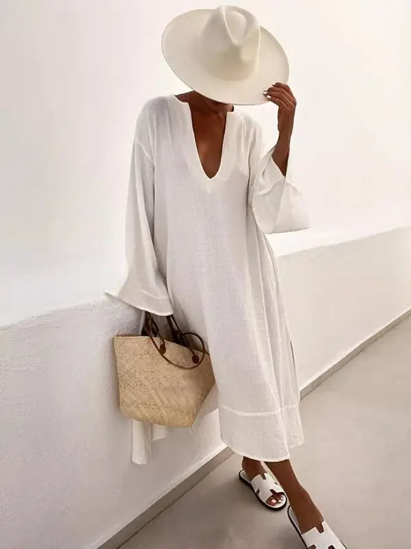 Maya Flared Sleeves Solid Color Deep V-Neck Midi Dresses