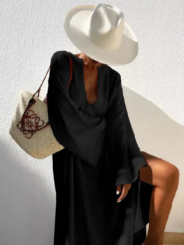 Maya Flared Sleeves Solid Color Deep V-Neck Midi Dresses