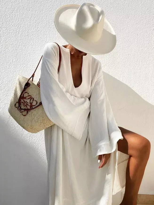 Maya Flared Sleeves Solid Color Deep V-Neck Midi Dresses