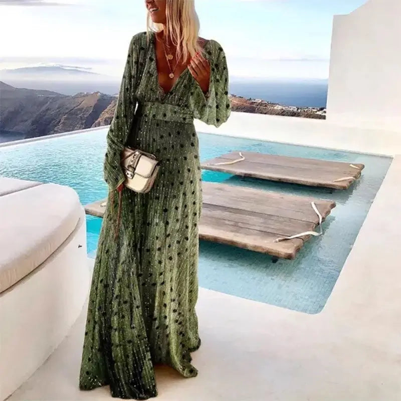 Valentina Spotted Print Deep V Swing Dress