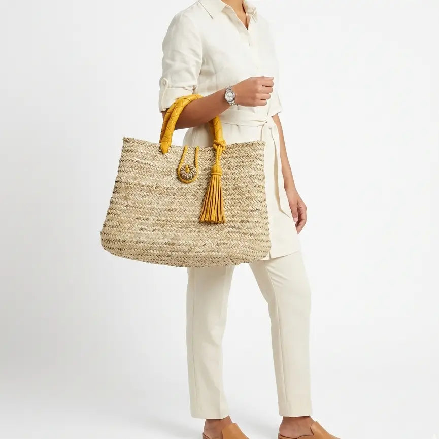 Moroccan Straw Basket with Leather Handle, Straw Beach Bag