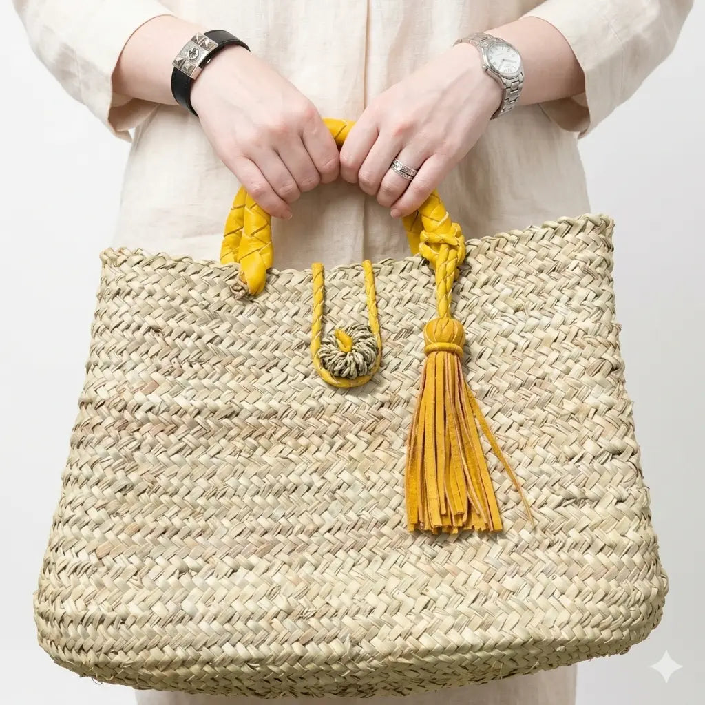 Moroccan Straw Basket with Leather Handle, Straw Beach Bag