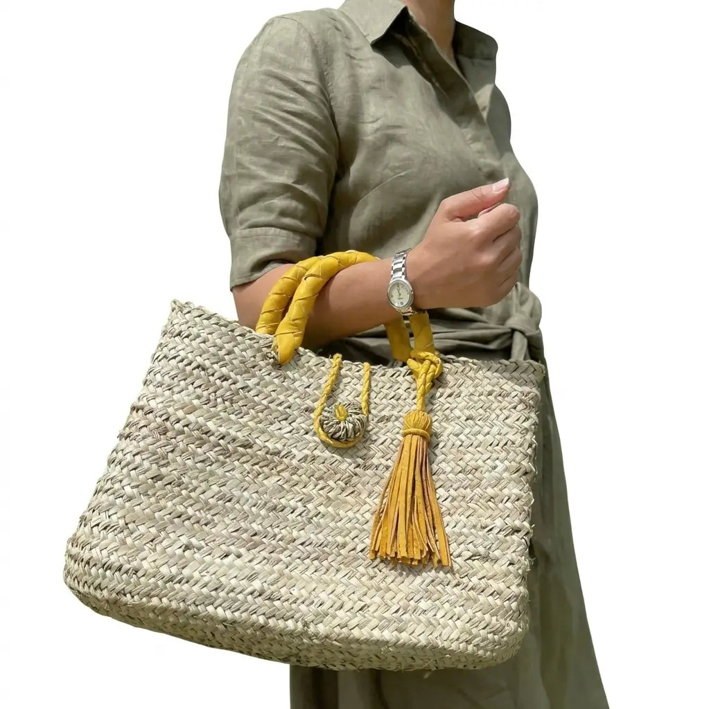 Moroccan Straw Basket with Leather Handle, Straw Beach Bag