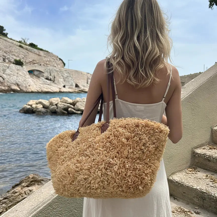 Handwoven Moroccan Palm Leaf Basket with Raffia Detail