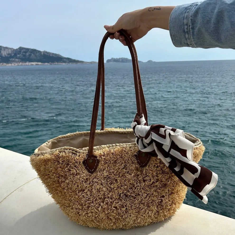 Handwoven Moroccan Palm Leaf Basket with Raffia Detail