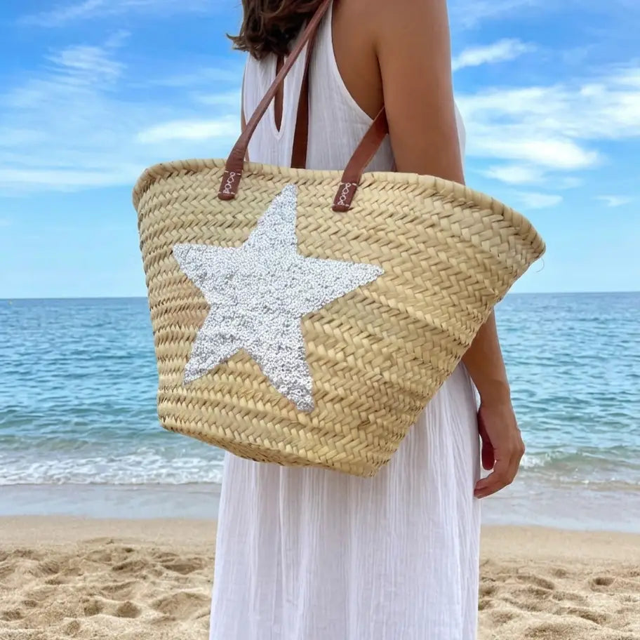 Sequin Straw French Market Bag – Handwoven Beach Basket Tote