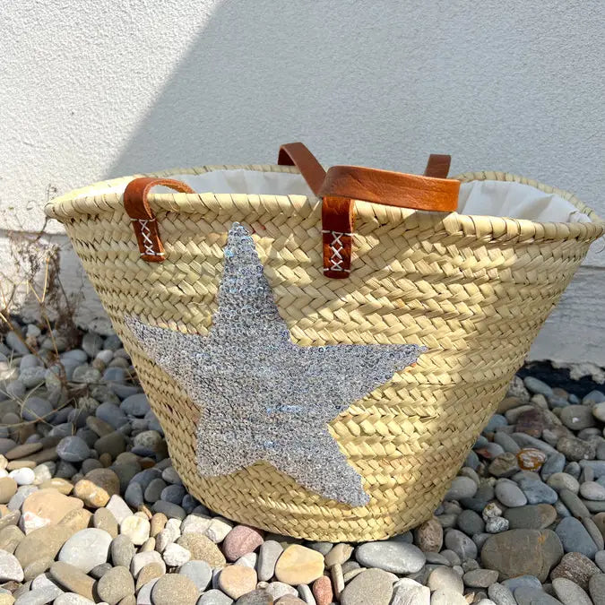 Sequin Straw French Market Bag – Handwoven Beach Basket Tote