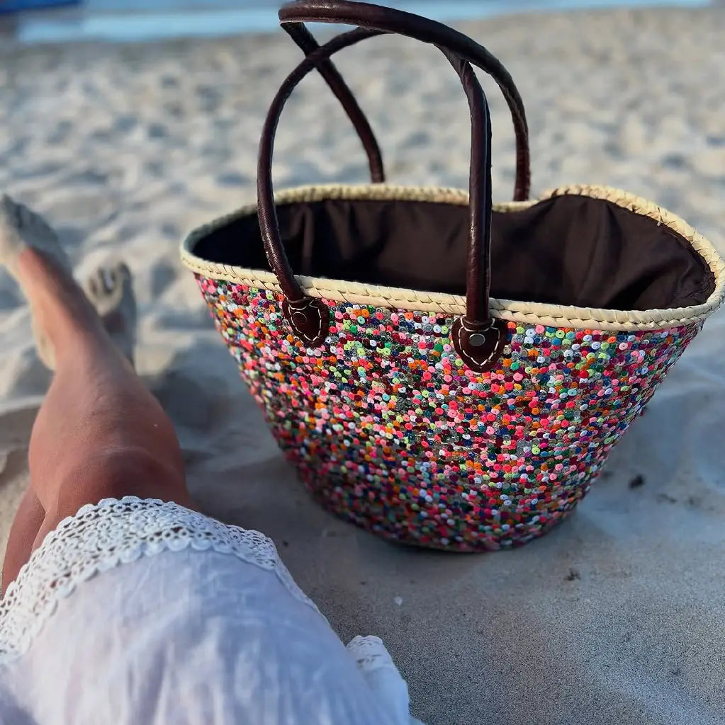 Rainbow Sequin Summer Straw Bag – Handwoven Beach Tote