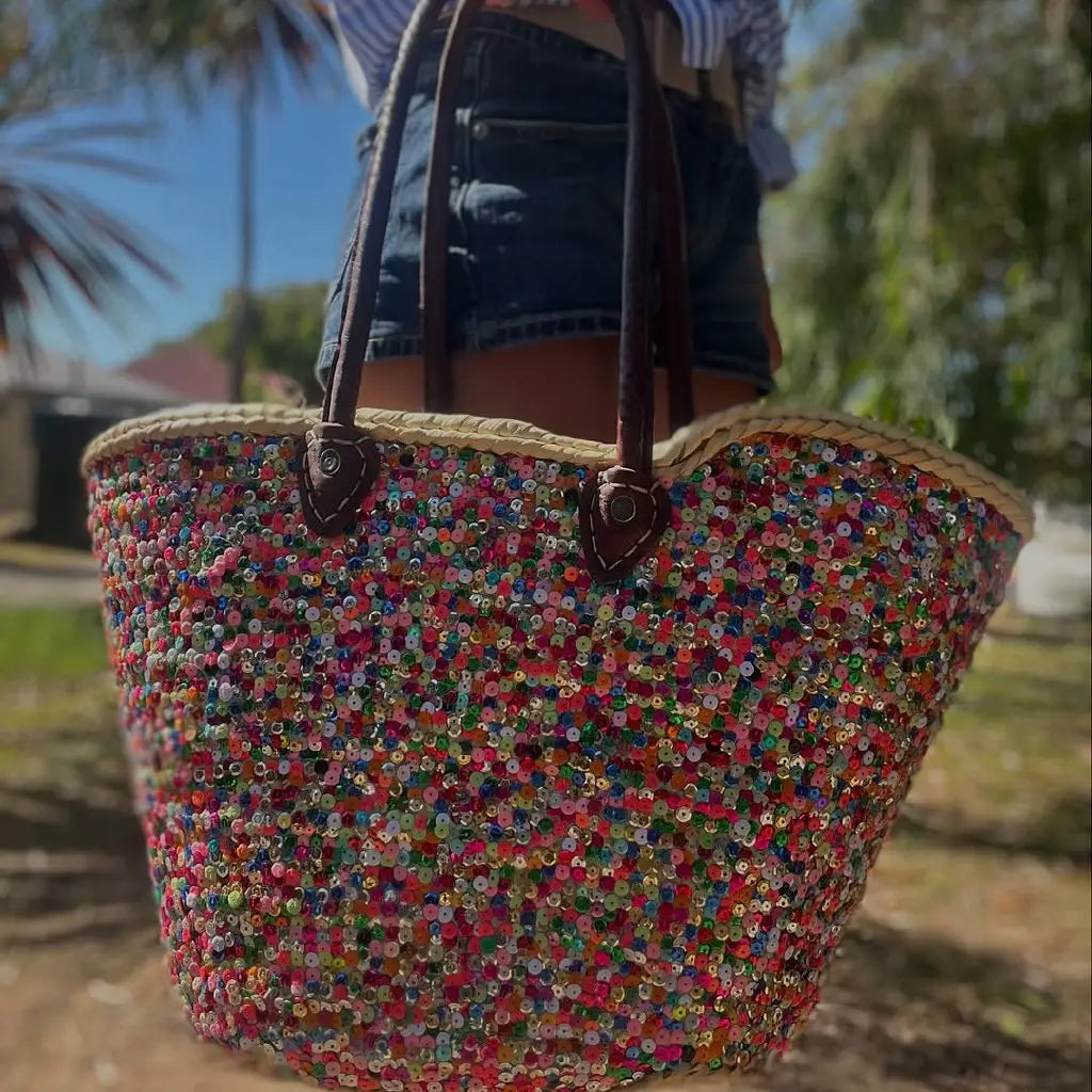 Rainbow Sequin Summer Straw Bag – Handwoven Beach Tote